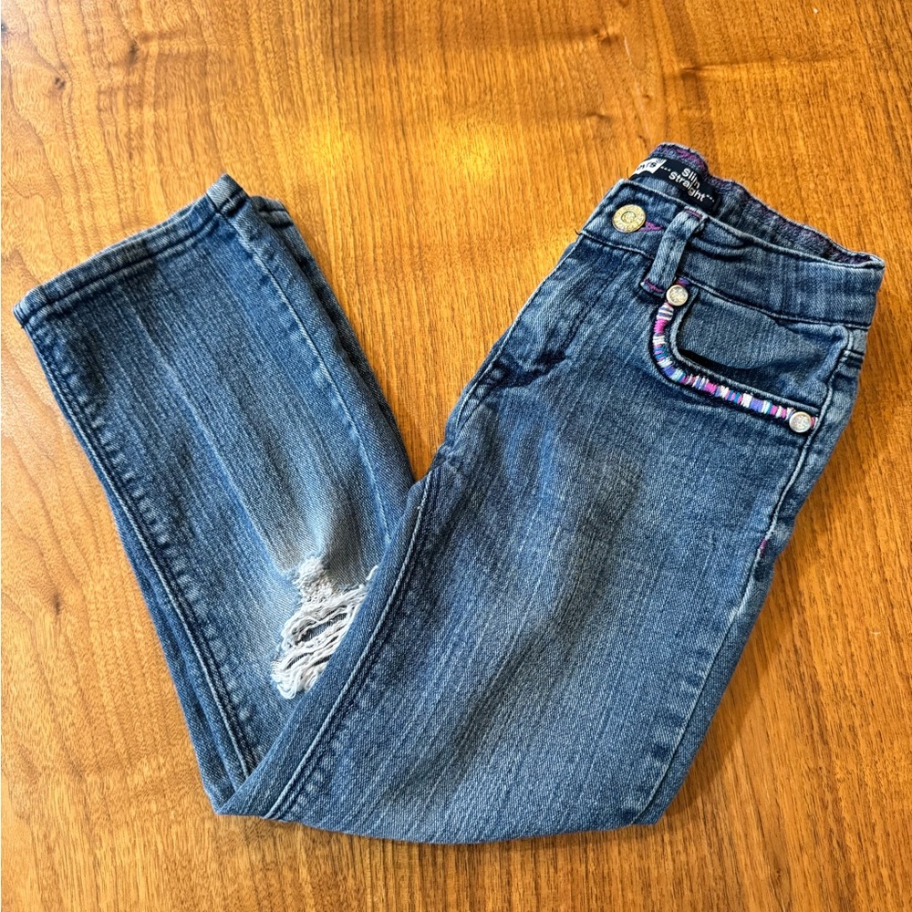Levi's Blue Distressed Straight-Leg Jeans With Adjustable Waist and Embroidery. - Picture 13 of 13